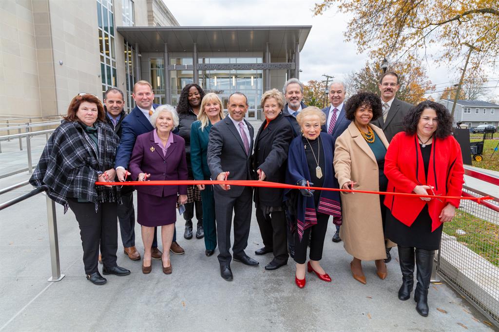 Monmouth County officials cut the ribbon to mark the completed construction of the Monmouth County Courthouse West Wing Security Vestibule on Nov. 15, 2021 in Freehold, NJ. 